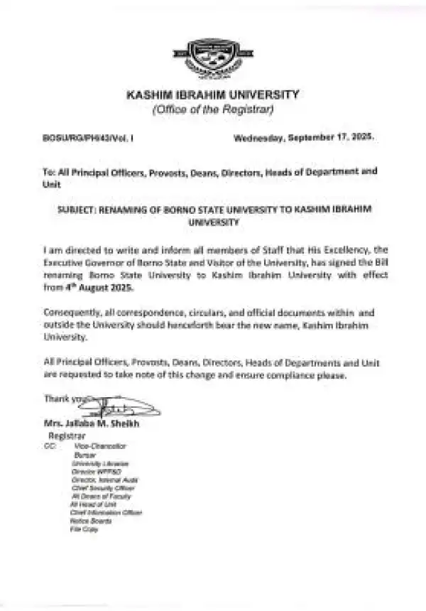 Borno State University has been renamed to Kashim Ibrahim University