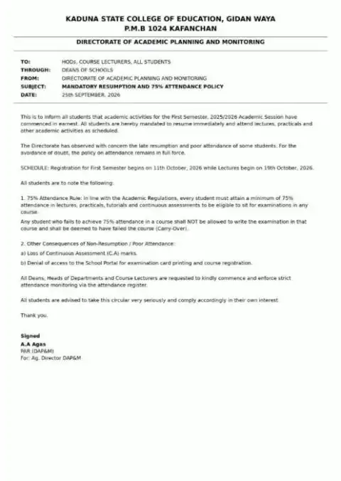 Kaduna State College of Education Announces Mandatory Resumption, Enforces 75% Attendance Rule
