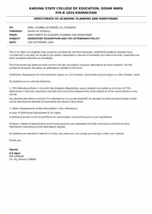 Kaduna State College of Education Announces Mandatory Resumption, Enforces 75% Attendance Rule