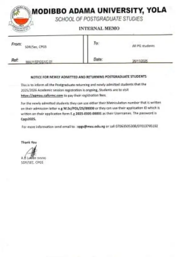 MAUTECH notice to new and returning postgraduate students on registration