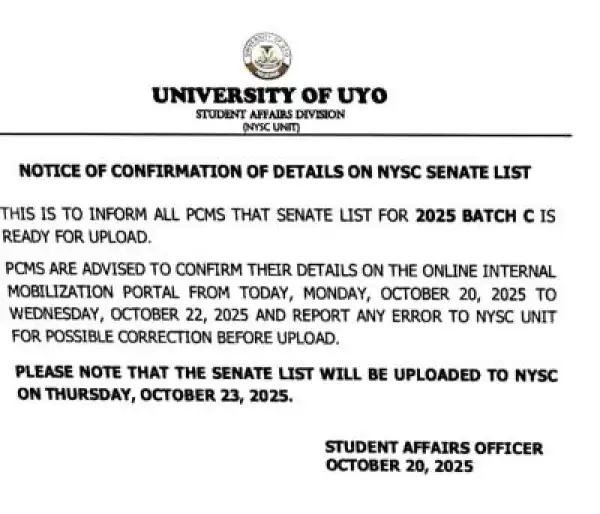 UNIUYO notice to prospective corps members on confirmation of details