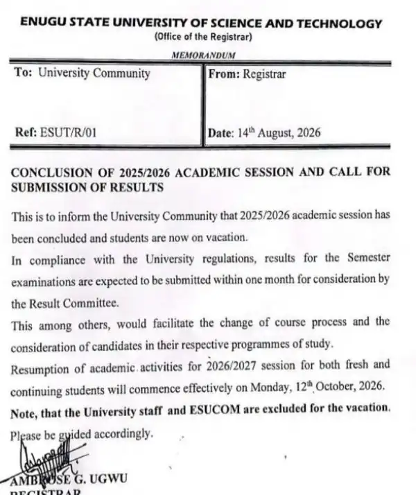 ESUT announces resumption for 2026/2027 session