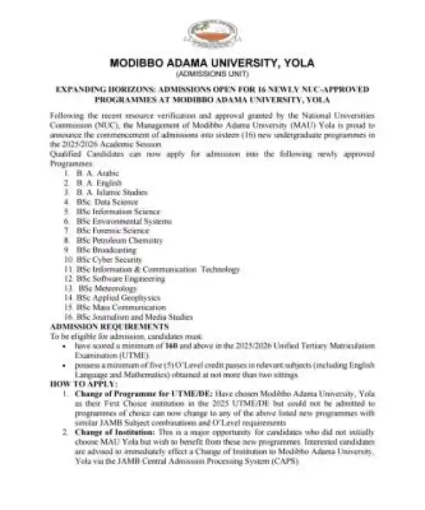 MAUTECH announces admission into newly approved programmes, 2025/2026