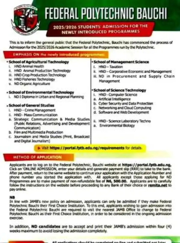 Fed Poly Bauchi announces admission into newly approved programmes, 2025/2026