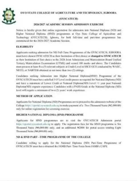 OYSCATECH Post-UTME 2026: Cut-off mark, Eligibility and Registration Details