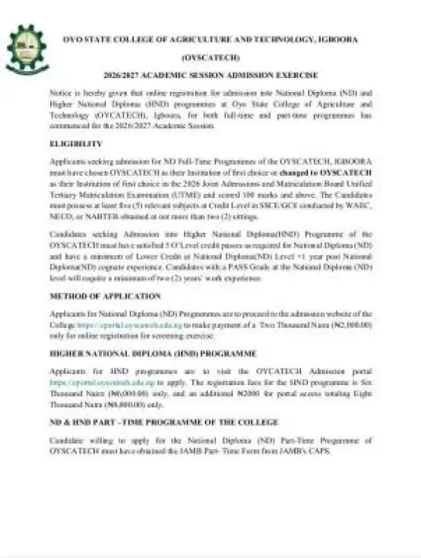 OYSCATECH Post-UTME 2026: Cut-off mark, Eligibility and Registration Details