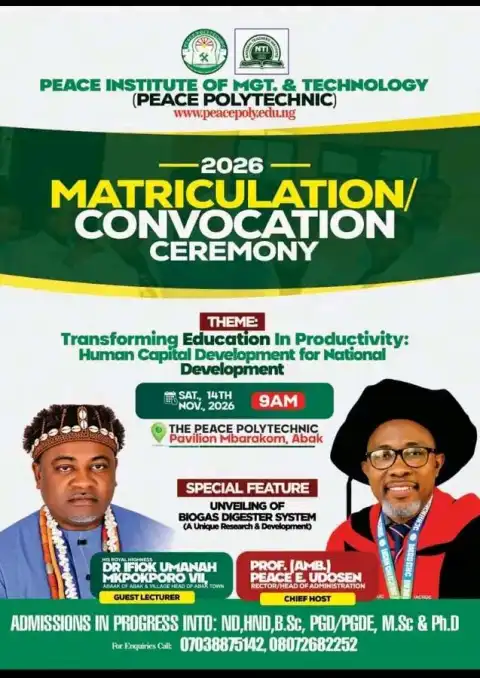 Peace Polytechnic Announces 2026 Matriculation and Convocation Ceremony