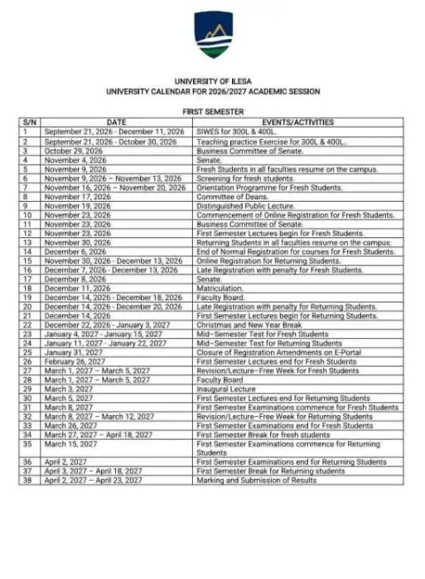 UNILESA 1st semester academic calendar 2026/2027 academic Session