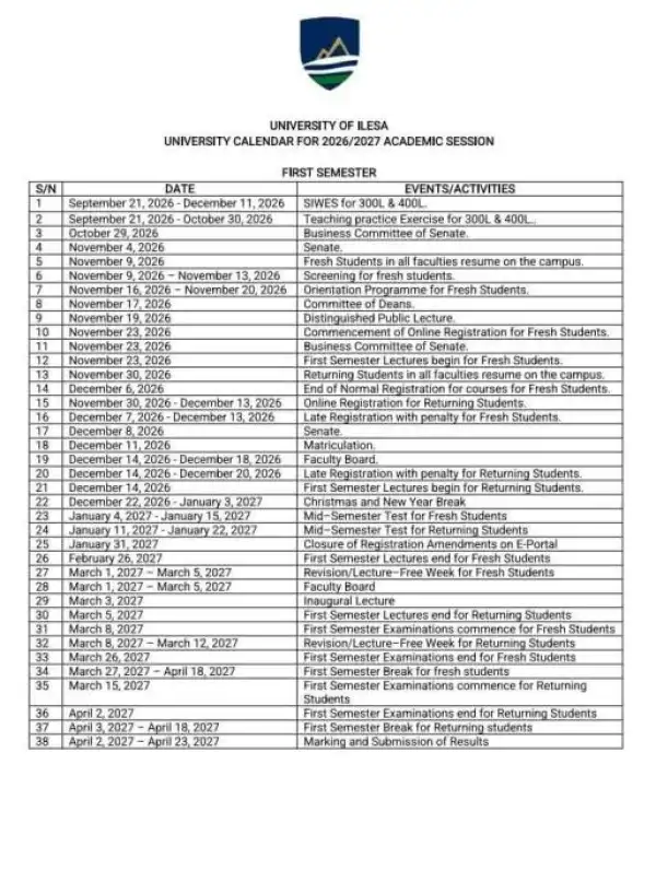UNILESA 1st semester academic calendar 2026/2027 academic Session