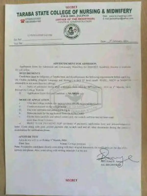 Taraba State College of Nursing & Midwifery admission into community Midwifery, 2024/2024