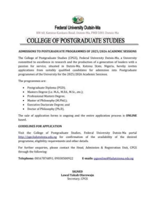 FUDUTSIN-MA Postgraduate Admission form, 2025/2026