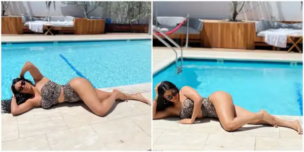 OAP Toke Makinwa Shows Off Glowing Skin As She Stuns In Designer Swimwear (Photos)