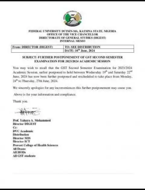 FUDMA further postponement of GST second semester examination for 2023/2024 session