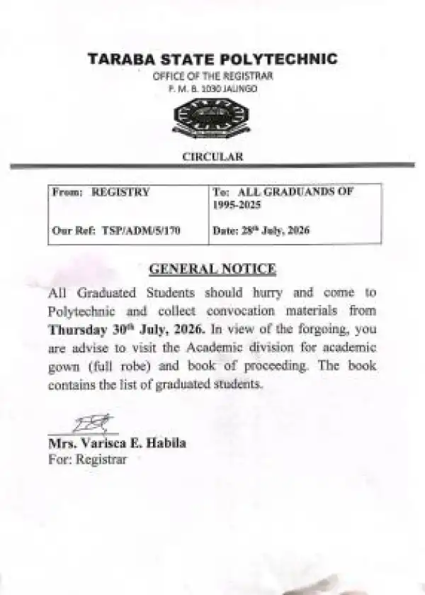 Taraba State Poly notice to Graduands on Collection of Convocation Materials