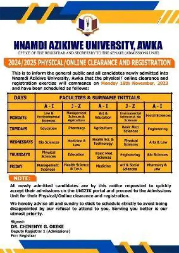 UNIZIK notice of physical clearance and registration for newly admitted students, 2024/2025