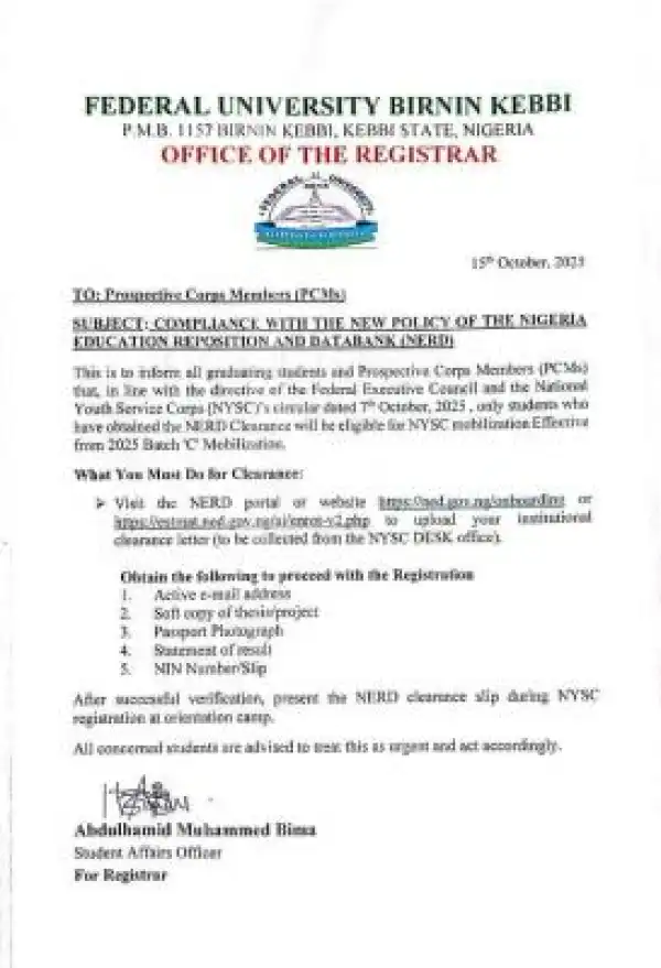 FUBK notice to prospective corps members on compliance with NERD policy