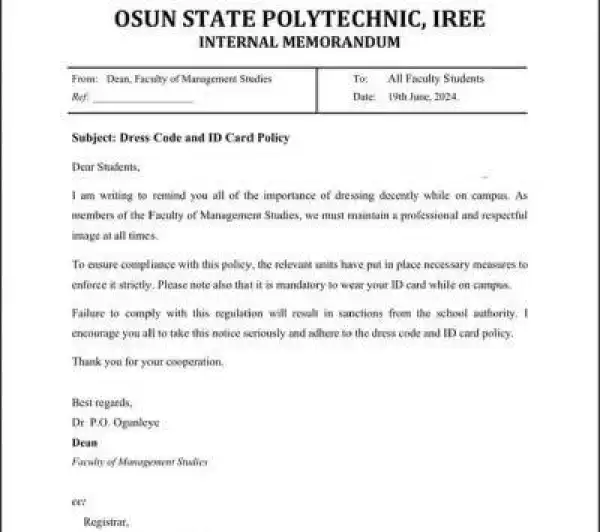 OSPOLY issues notice to all students on dress code and ID Card policy