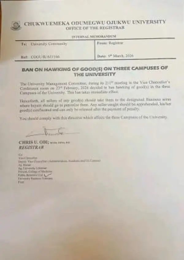 COOU management bans hawking across all campuses