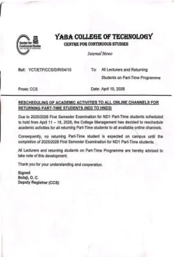 YABATECH notice to all returning part-time students