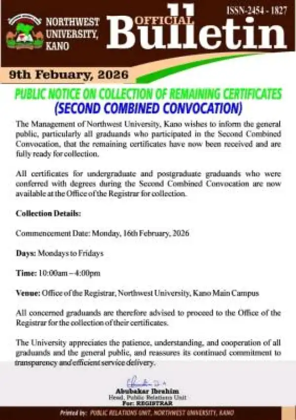 Northwest University, Kano update on colletction of certificates