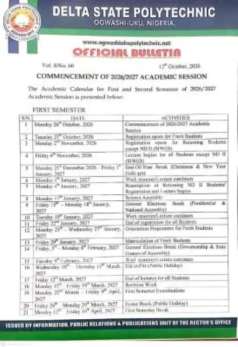 Delta State Polytechnic, Ogwashi-Uku Academic Calendar, 2026/2027