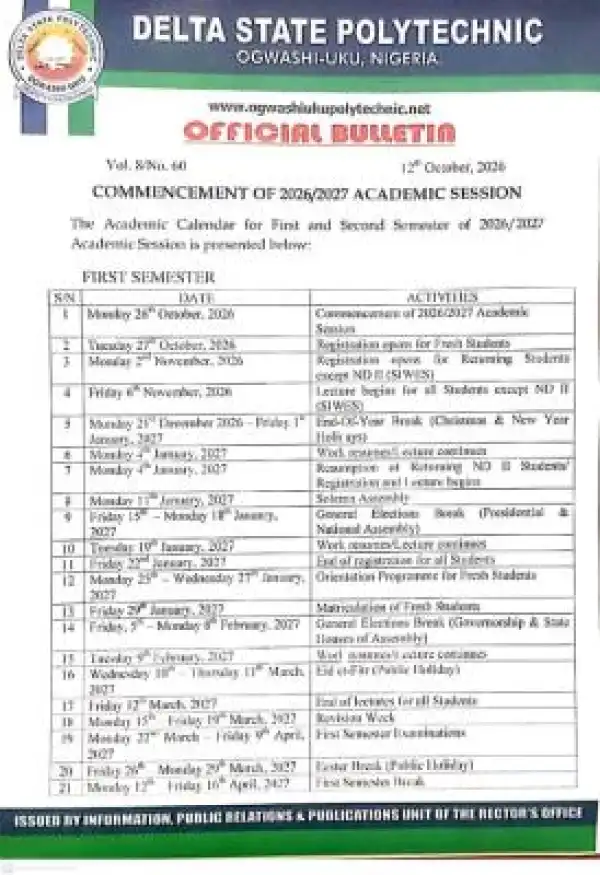 Delta State Polytechnic, Ogwashi-Uku Academic Calendar, 2026/2027