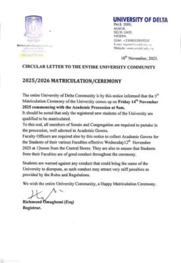 UNIDEL announces matriculation ceremony, 2025/2026