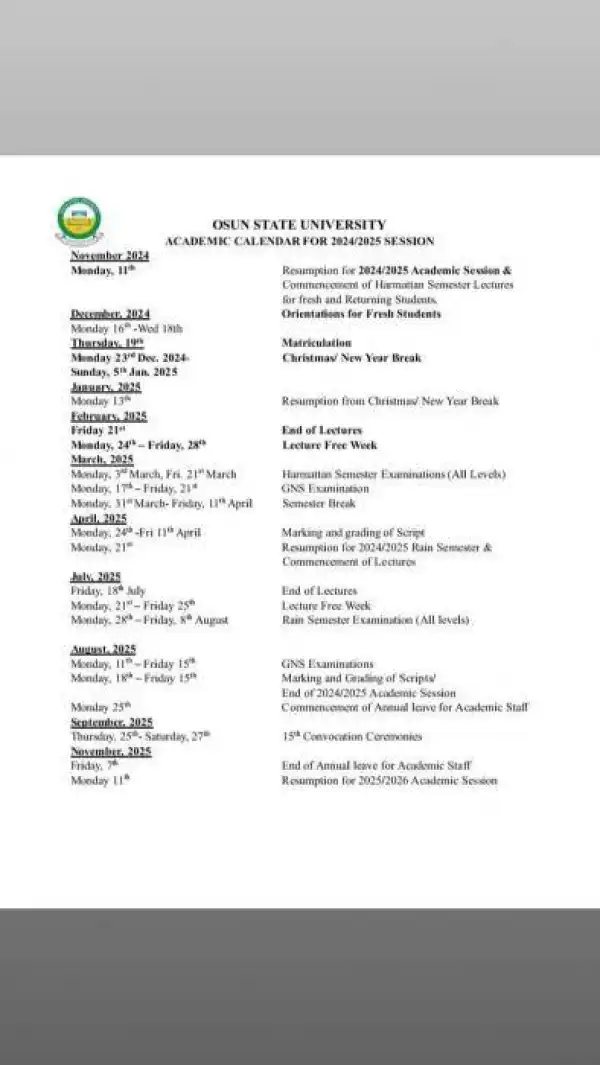 UNIOSUN academic calendar, 2024/2025 academic session
