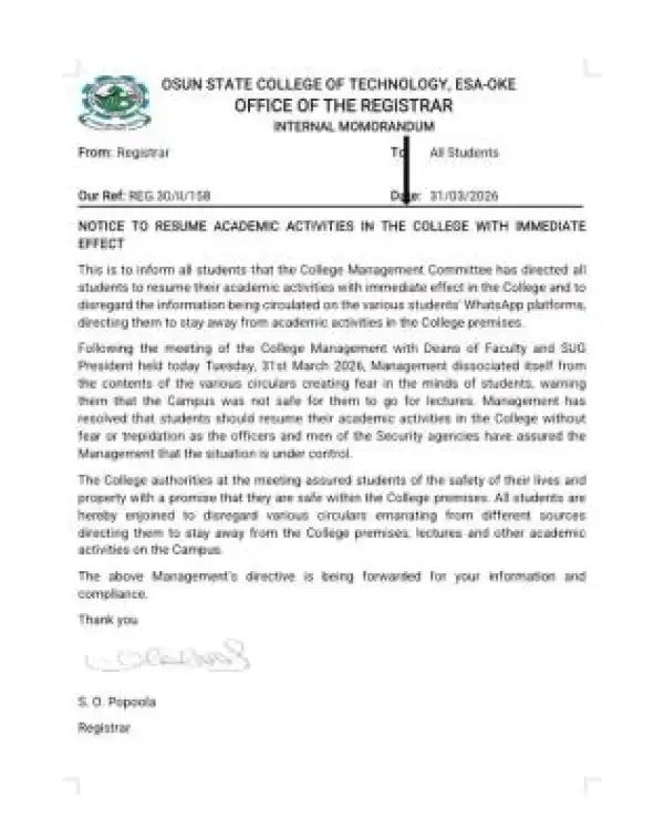 OSCOTECH announces resumption of Academic activities with immediate effect