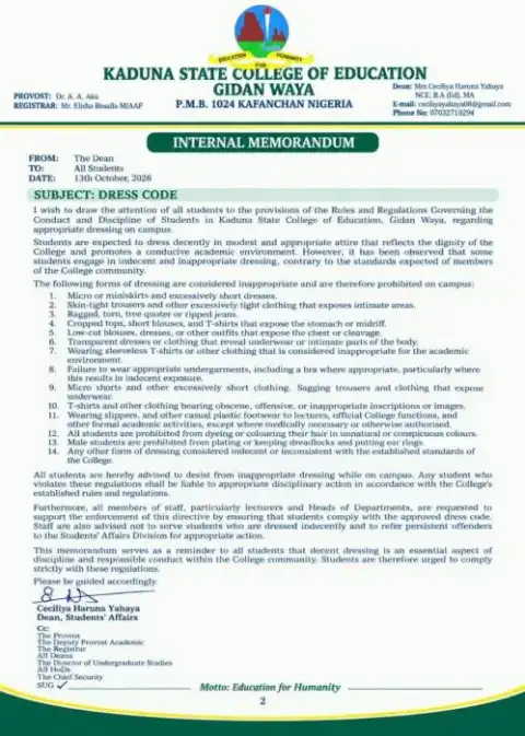 Kaduna State College of Education notice on Dress Code for Students