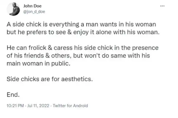 A Side Chick Is Everything A Man Wants In His Woman - Media Personality, Jon Joe