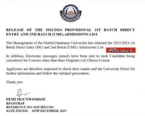 OOU releases second batch UTME and 1st Batch Direct Entry Admission List