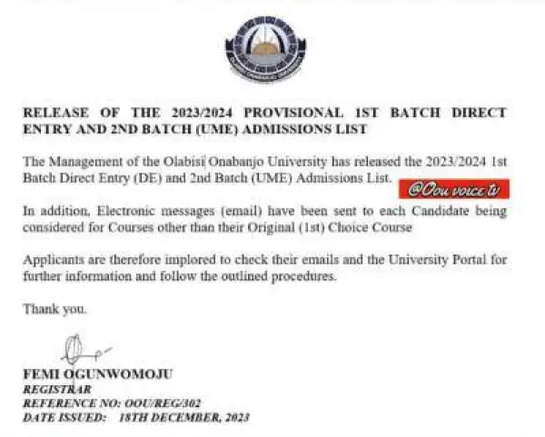 OOU releases second batch UTME and 1st Batch Direct Entry Admission List