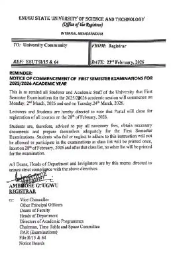 ESUT notice on commencement of 1st semester exams, 2025/2026 session