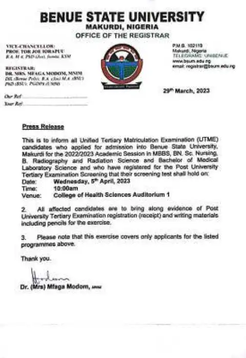 BSU announces screening exercise for medical related courses, 2022/2023