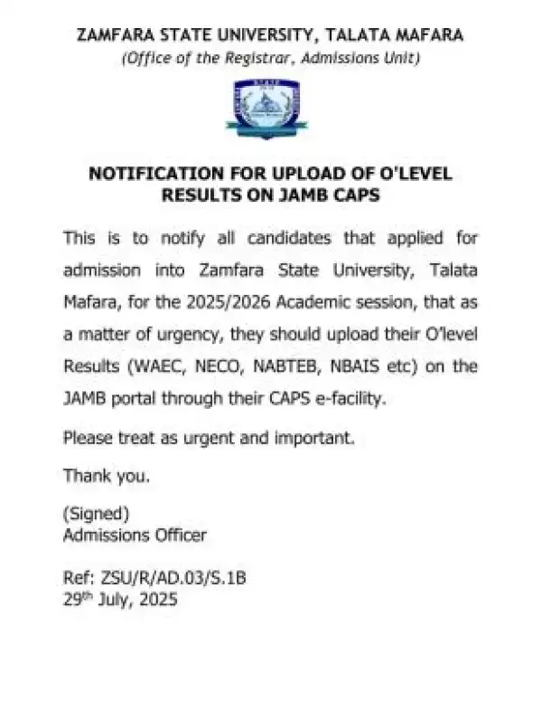 ZAMSU notice to prospective students on upload of O