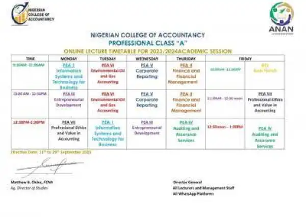 Nigerian College of Accountancy lectures timetable, 2023/2024