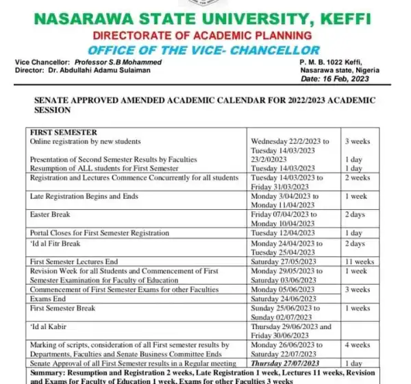 NSUK amended academic calendar, 2022/2023