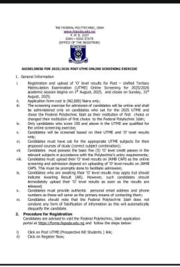 Fed Poly Idah Post-UTME 2025: cut-off mark, eligibility and registration details