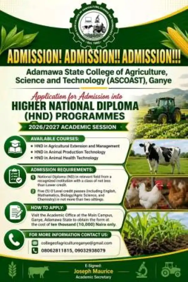 Adamawa State College of Agriculture, Sci. & Tech. HND Admission, 2026/2027