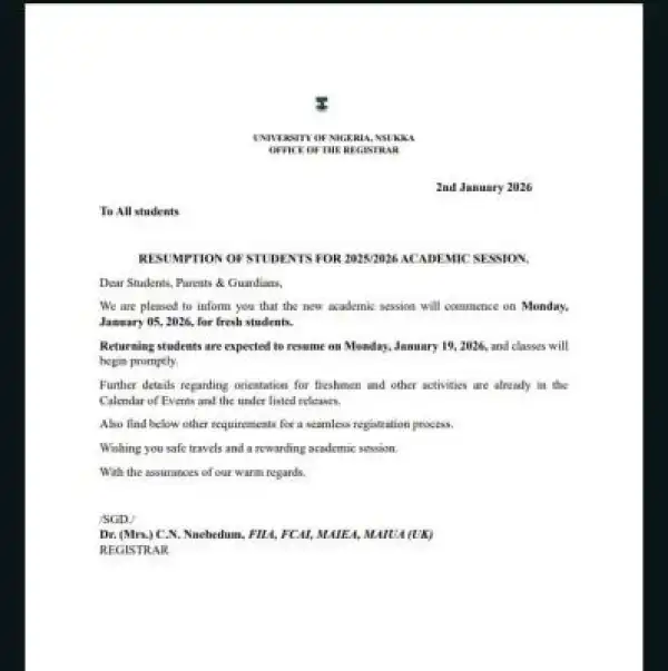 UNN announces resumption for 2025/2026 session