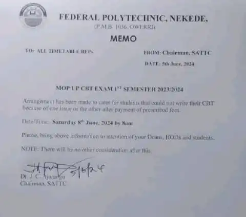 Fed Poly Nekede notice of 1st semester mop up CBT exam, 2023/2024