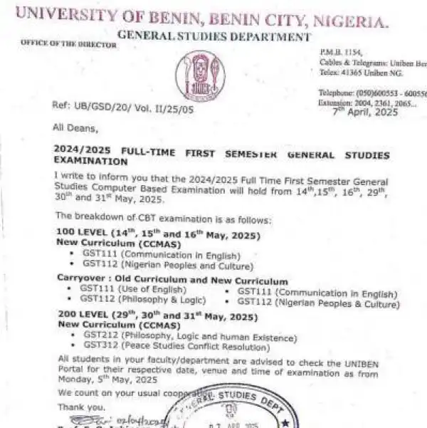 UNIBEN announces Full-time 1st semester GST examinations, 2024/2025