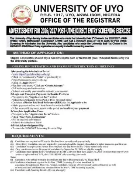 UNIUYO Post-UTME 2026: Cut off mark, Eligibility and Registration Procedures
