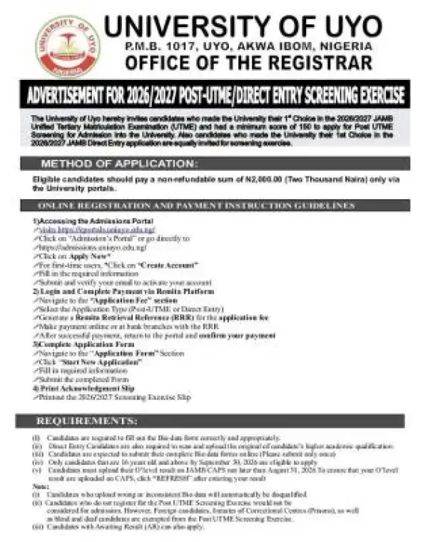 UNIUYO Post-UTME 2026: Cut off mark, Eligibility and Registration Procedures