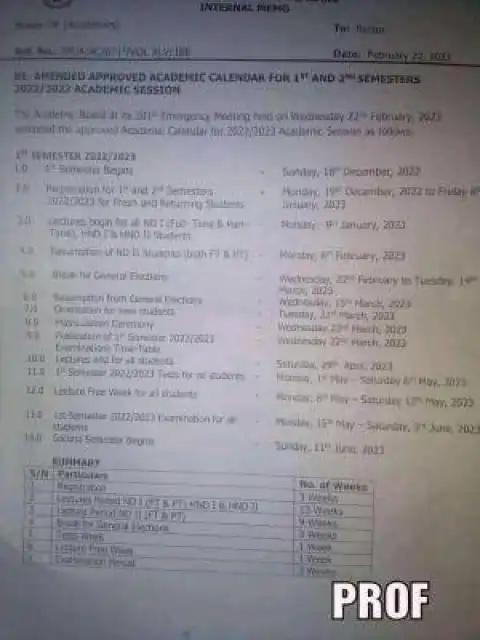 Fed Poly ilaro amended academic calendar, 2022/2023