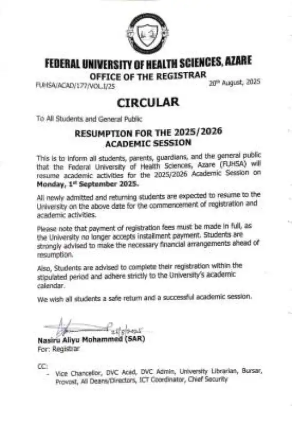 FUHSA notice on resumption of academic activities, 2025/2026