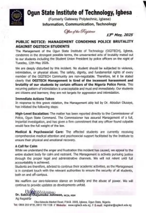 OGITECH management condemns Police brutality against students, calls for justice