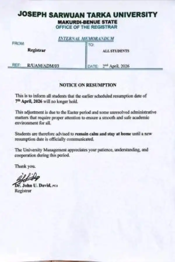 Joseph Sarwuan Tarka University postpones resumption