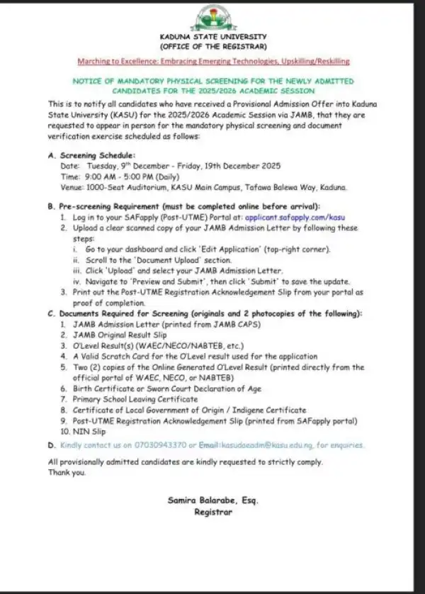 KASU announces mandatory physical screening for newly admitted candidates, 2025/2026